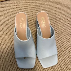Like new Square Toe Block Chunky High Heel Mules Slip on Sandals light blue